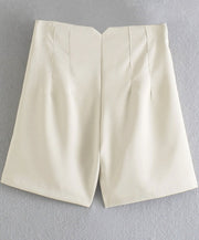 High Waist Slim Fit Zip Up Pleated Plain Bermuda Shorts