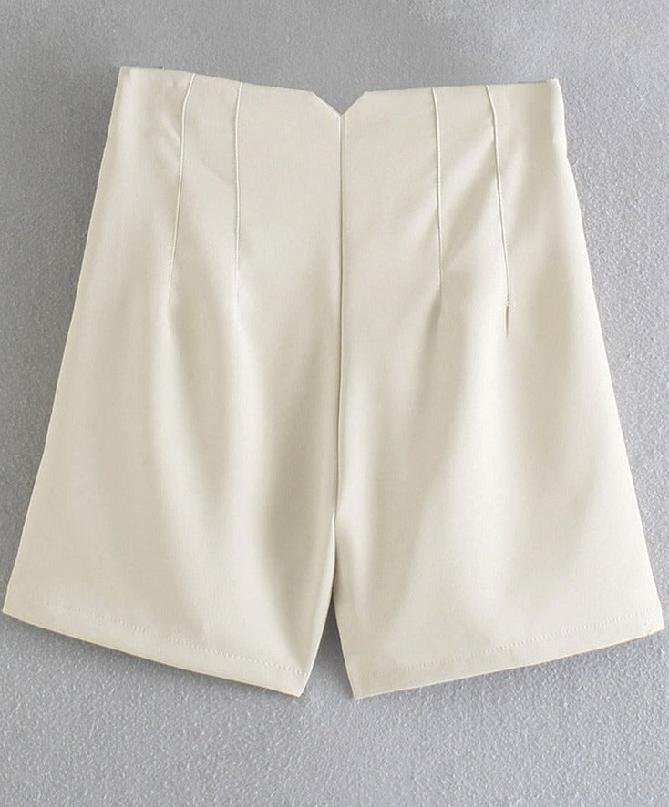 High Waist Slim Fit Zip Up Pleated Plain Bermuda Shorts