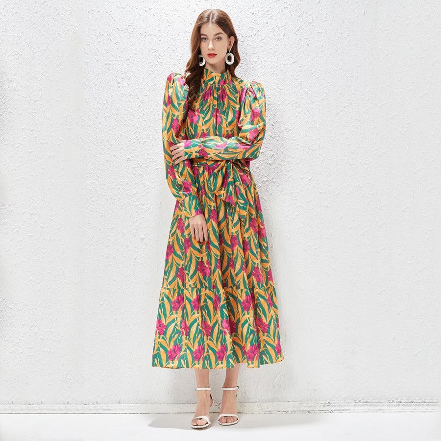 Printed Maxi Dress High Neck Long Lantern Sleeve High Quality Belt