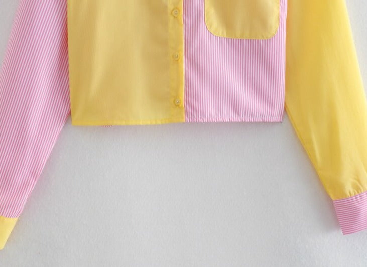 Short Striped Print Blouses with Pocket