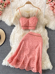 Embroidery Two Piece Set Sexy Backless Tube Top + High Waist Irregular Bodycon Skirt High Quality