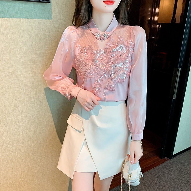High quality loose beaded embroidery vintage elegant blouses