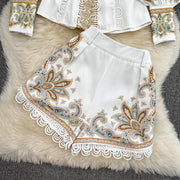 2 piece suit top with high neck, puff sleeve, vintage print blouse and shorts with belt pocket high quality