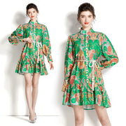 High quality vintage long sleeve single breasted lace belt print blue green shirt dress