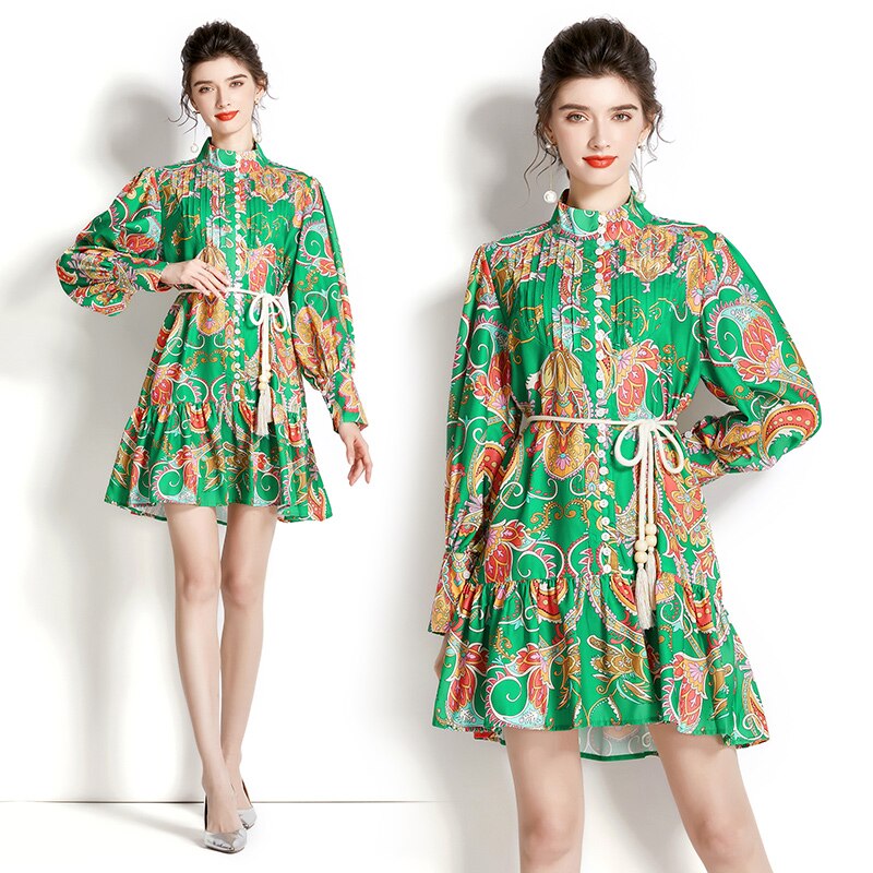 High quality vintage long sleeve single breasted lace belt print blue green shirt dress