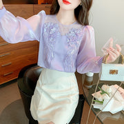 High Quality Long Sleeves Elegant Vintage Embroidered Satin Blouses