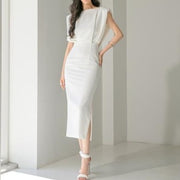 White elegant sexy midi dress with short sleeves