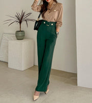 High Quality 2 Pieces Suits Elegant Long Sleeve Shirts + High Waist Pants