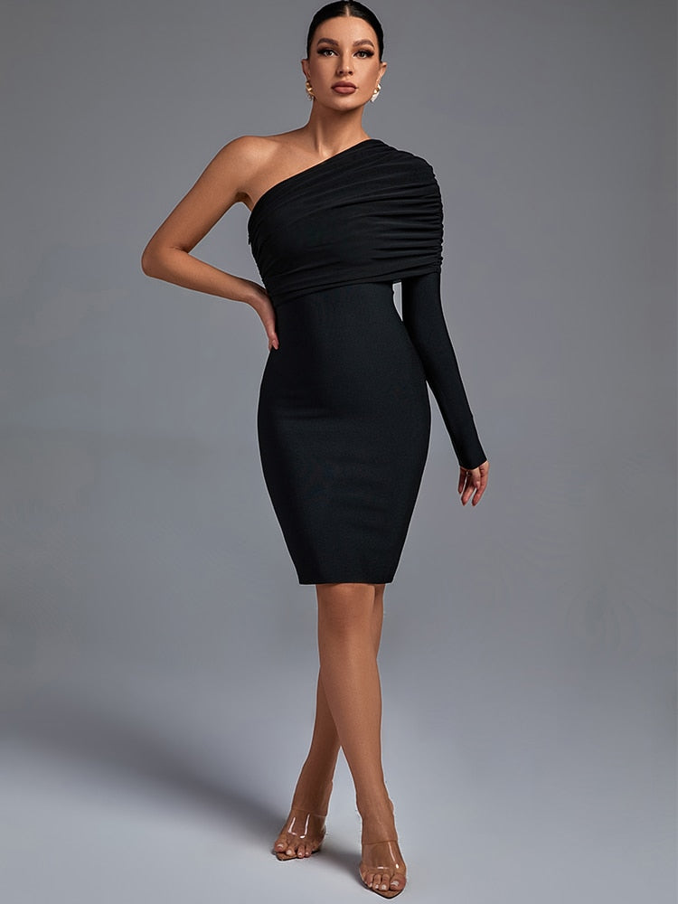 Elegant Sexy One Shoulder Long Sleeves Bodycon Black Bodycon Dress