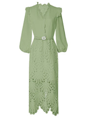High Quality Slim Waist Three Quarter Sleeve V Neck Lace Elegant Dress