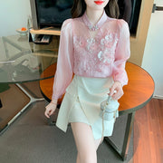 High quality loose beaded embroidery vintage elegant blouses