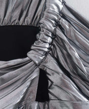 Metallic Color One Shoulder Knotted Sexy Blouse
 Short shirt with pleated side zipper