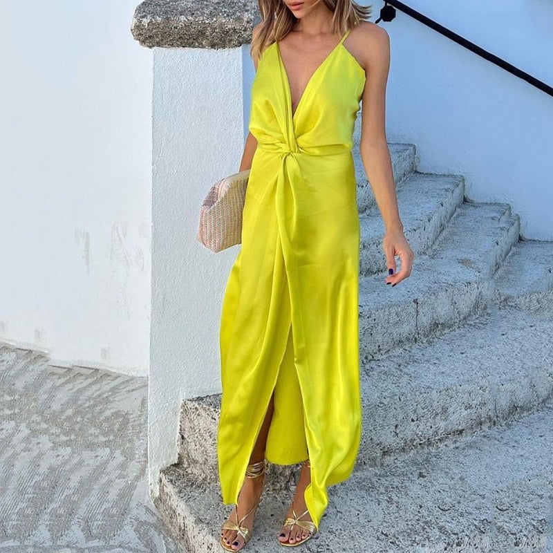 Women Dress Fashion Sexy Sling Solid Color V-Neck Sleeveless Lace Up Pleated Slit Loose Style Long Skirt High Streetwear