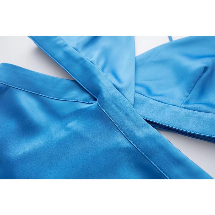 Satin V Neck Solid Hollow Out Backless Side Slit Dress