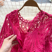High quality vintage belted round neck half sleeve hollow out lace dress