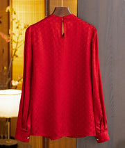 Red long-sleeved silk jacquard shirt with high-quality collar detail