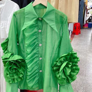 Sweet Ruffled 3D Flower Sleeve Drill Shirt