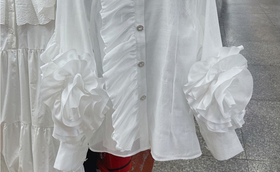 Sweet Ruffled 3D Flower Sleeve Drill Shirt