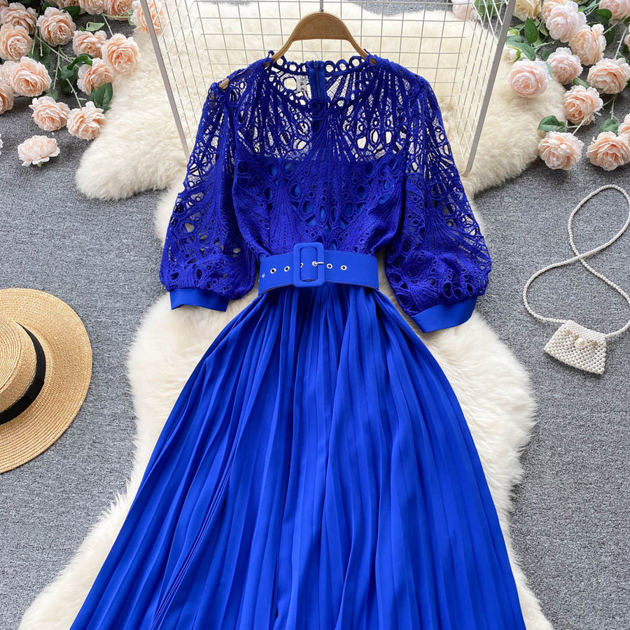 High quality vintage belted round neck half sleeve hollow out lace dress