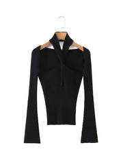 2 Colors Cross Halter Neck Long Sleeve Slim Fit Knitted Sweater