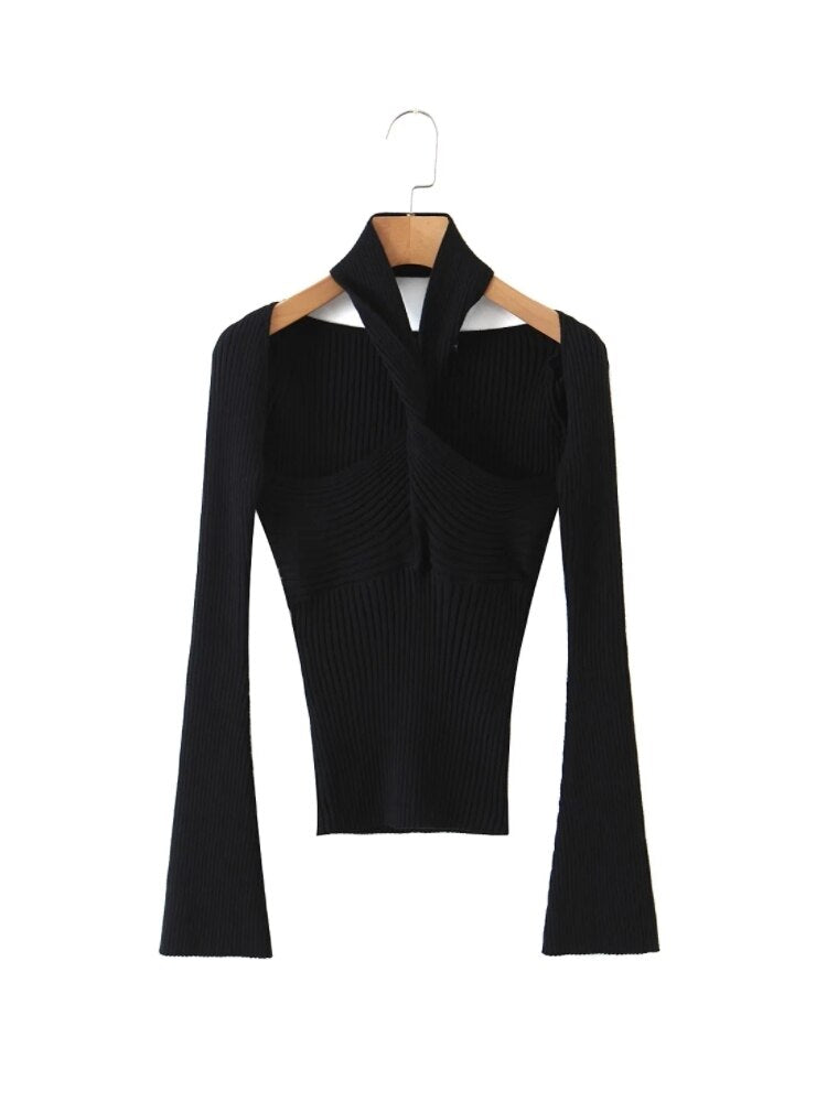 2 Colors Cross Halter Neck Long Sleeve Slim Fit Knitted Sweater