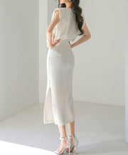 White elegant sexy midi dress with short sleeves