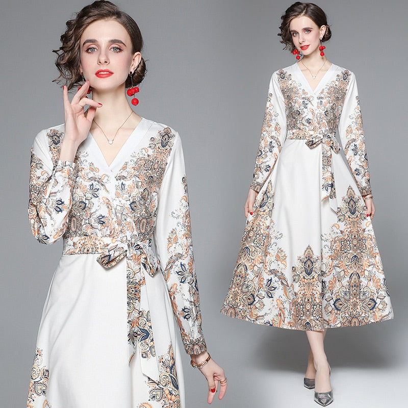 V Neck Long Lantern Sleeve Baroque Flower Print Elegant Lace Up Belted Maxi Dress