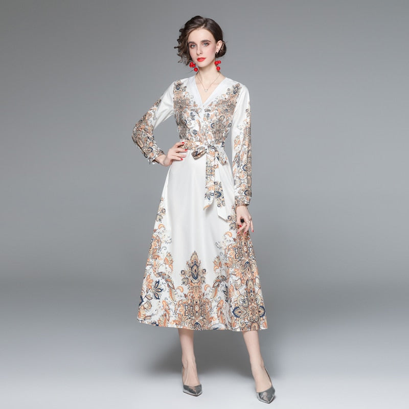 V Neck Long Lantern Sleeve Baroque Flower Print Elegant Lace Up Belted Maxi Dress
