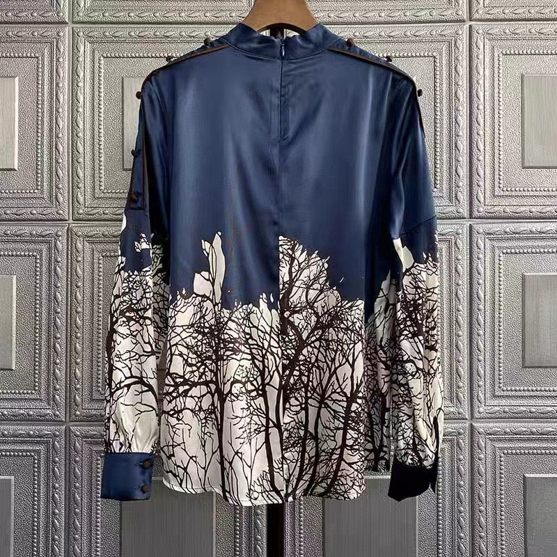 High Quality Stand Collar Long Sleeve Silk Shirt