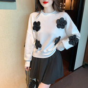 H Han Queen Womens Autumn Sweatshirt Three-Dimensional Flowers Vintage Work Casual Tops Korean Design Long Sleeve Loose T-Shirts