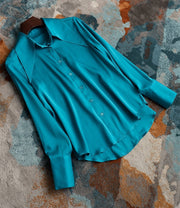 High Quality Big Pointed Collar Satin Silk Shirt