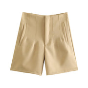 High Waist Slim Fit Zip Up Pleated Plain Bermuda Shorts