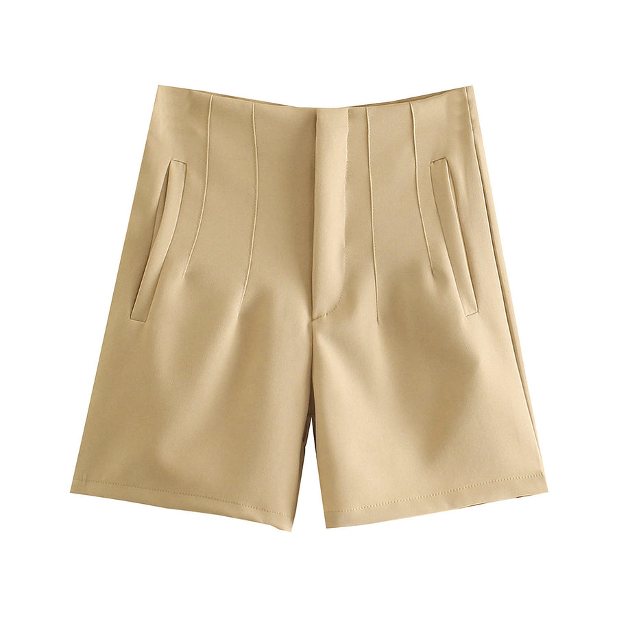 High Waist Slim Fit Zip Up Pleated Plain Bermuda Shorts
