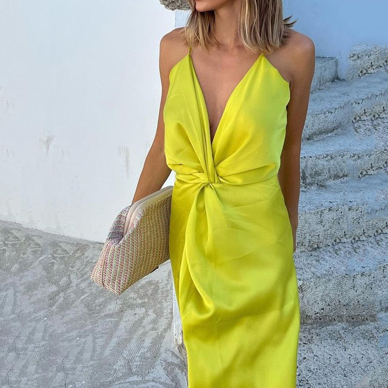 Women Dress Fashion Sexy Sling Solid Color V-Neck Sleeveless Lace Up Pleated Slit Loose Style Long Skirt High Streetwear