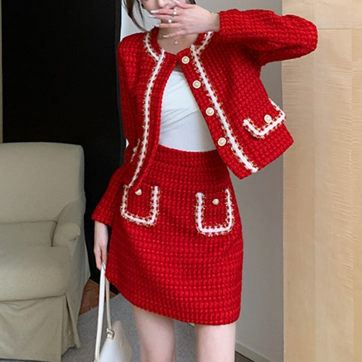 Autumn Winter Fashion Plaid Red Woolen Two Piece Set Women Pearls Single Breasted Fringed Tweed Jacket Coat + Pocket Mini Skirt