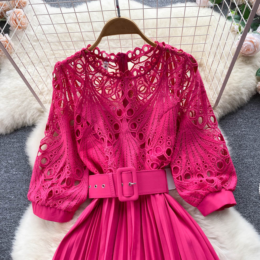 High-quality multi-color belted pleated lace dress with long sleeves