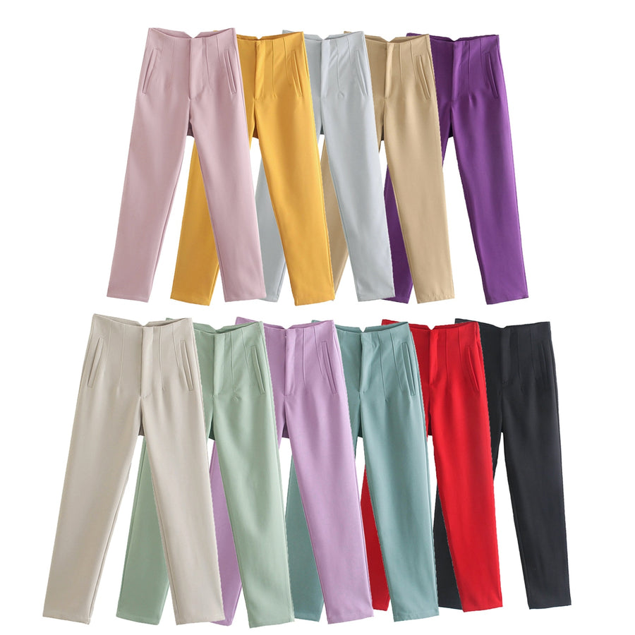 Women Fashion Front Welt Pockets Seam Detail Pants Vintage High Waist Zipper Fly Female Ankle Trousers Mujer P1