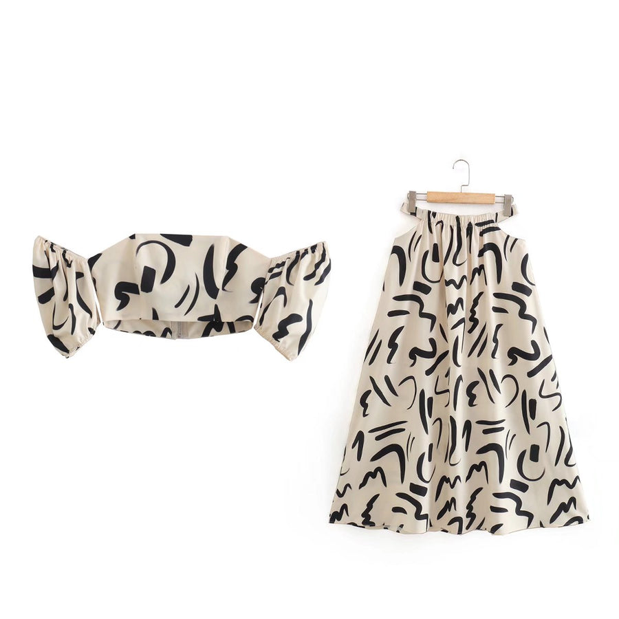 Hollow Out Waist Flare Skirt Graffiti Print Strapless Tops Set