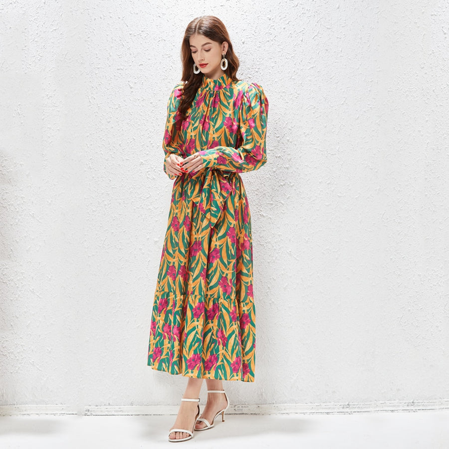 Printed Maxi Dress High Neck Long Lantern Sleeve High Quality Belt
