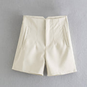 High Waist Slim Fit Zip Up Pleated Plain Bermuda Shorts