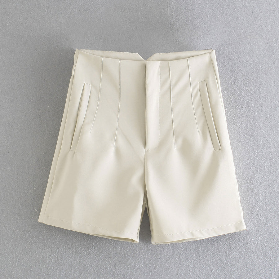 High Waist Slim Fit Zip Up Pleated Plain Bermuda Shorts