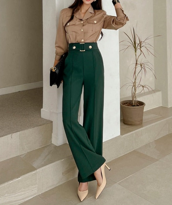 High Quality 2 Pieces Suits Elegant Long Sleeve Shirts + High Waist Pants