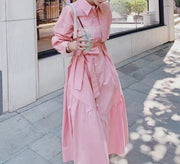 Pink dress with collar long sleeves with pocket on the sides and high quality bow