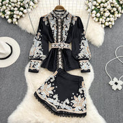 2 piece suit top with high neck, puff sleeve, vintage print blouse and shorts with belt pocket high quality