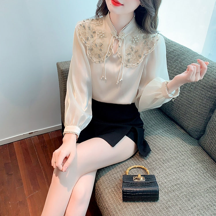 High Quality Casual Elegant 3D Embroidery Vintage Blouses