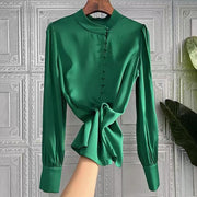 High Quality Stand Collar Long Sleeve Heavy Silk Shirt