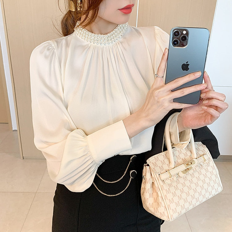 High Quality Elegant Vintage Loose Beaded Long Sleeve Chiffon Blouse