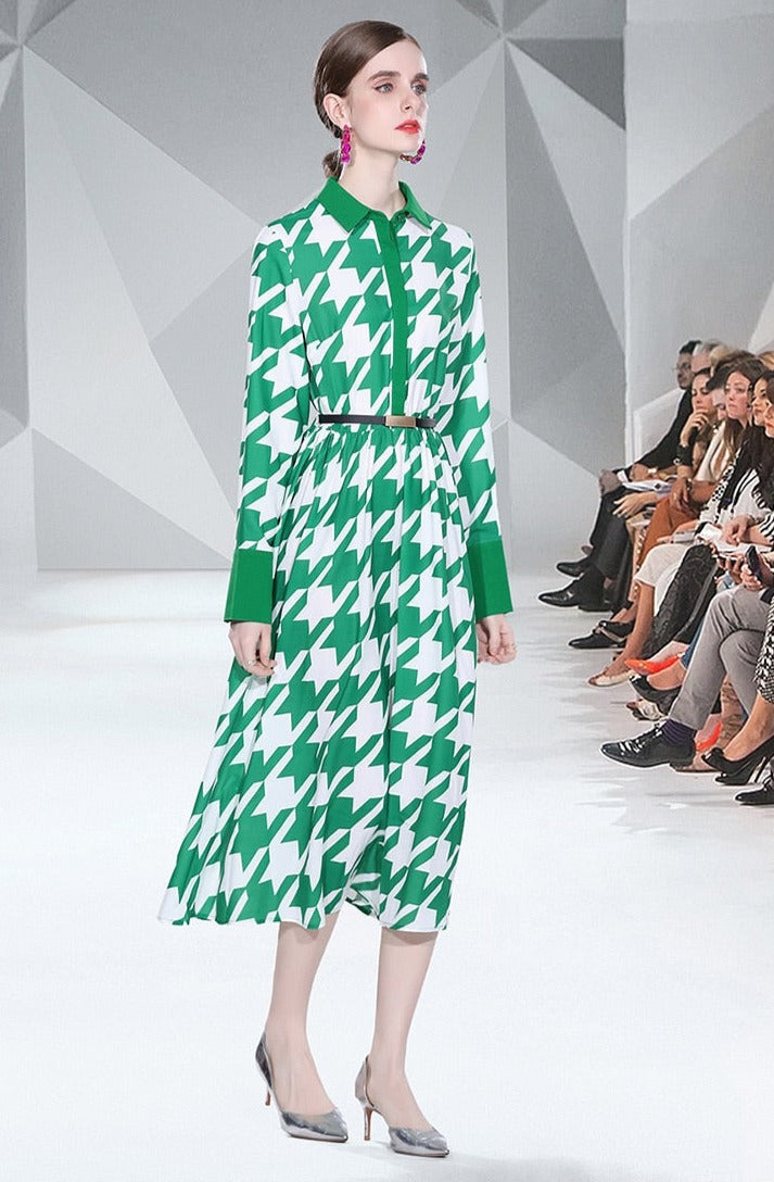 Elegant print long dress with long sleeves and high quality elastic waist