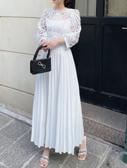 High quality vintage belted round neck half sleeve hollow out lace dress