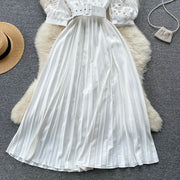 High quality vintage belted round neck half sleeve hollow out lace dress